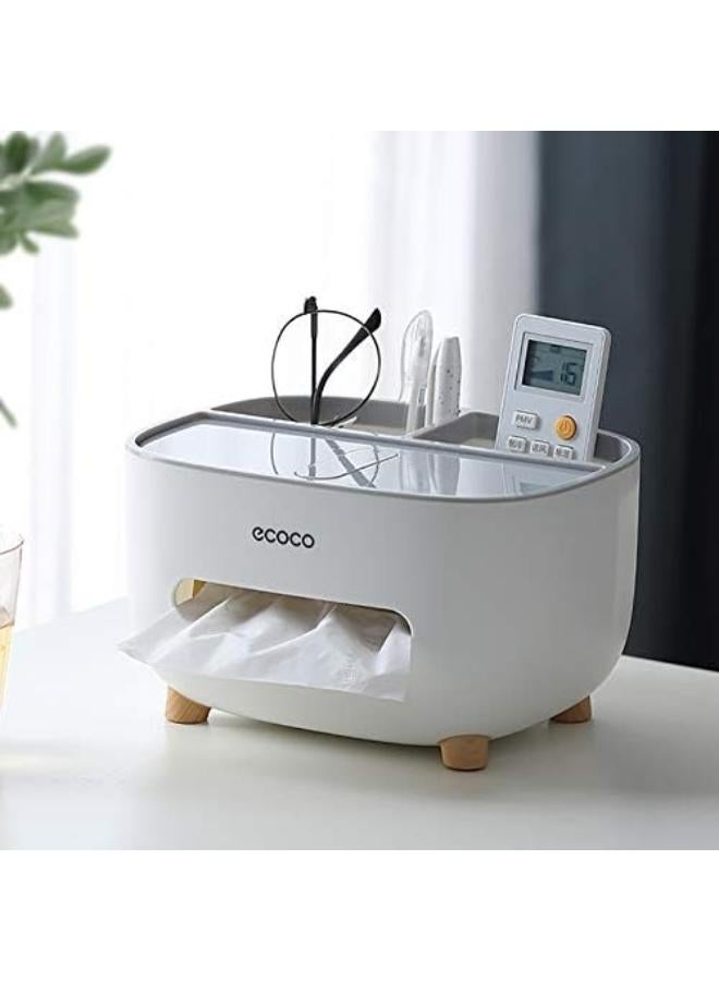 Mopms Tissue Box Cover Holder With Storage, Napkin Tissue Box, Multi-Function Tissue Box Abs Material Storage Organizer Caddy For Bathroom, Bedroom And Office, Grey White  - Image 1