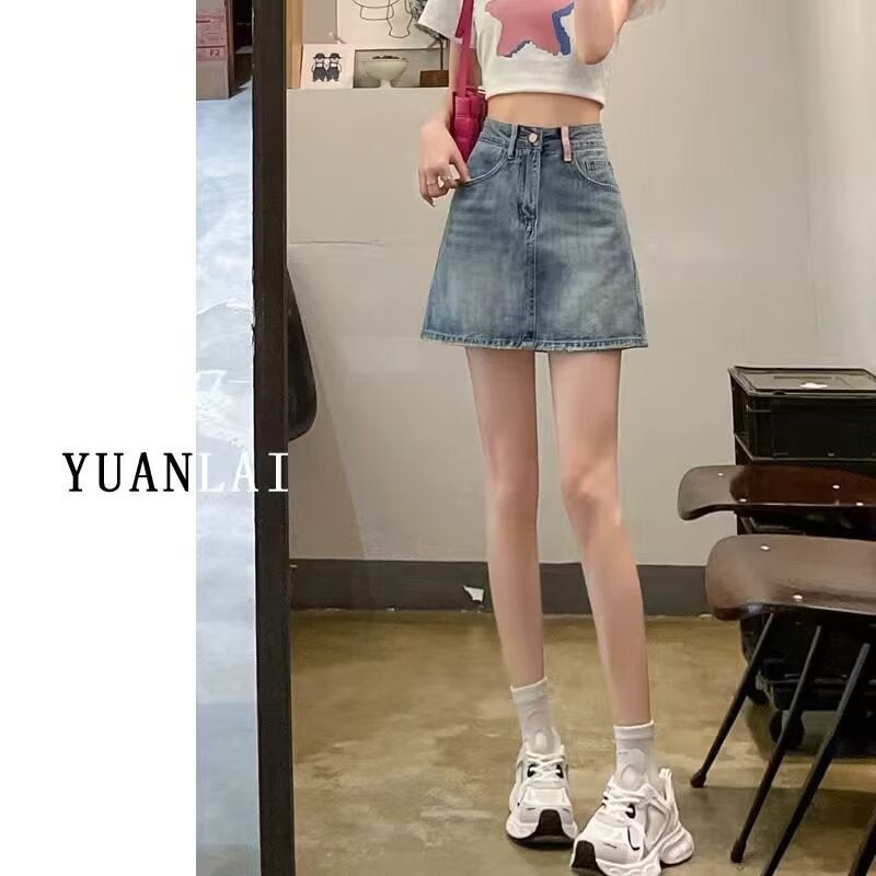 Summer 2025 Denim Short Skirt Women's Little A- line Skirt High Spice Girl Pocket Hand-stitched Distinctive Denim Skirt - Image 3