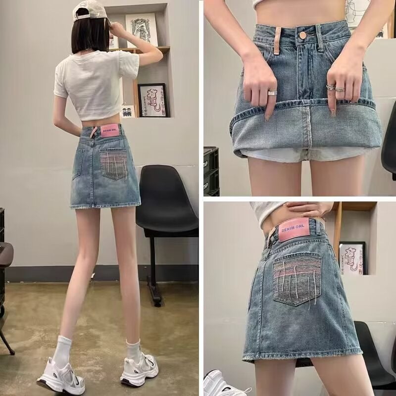 Summer 2025 Denim Short Skirt Women's Little A- line Skirt High Spice Girl Pocket Hand-stitched Distinctive Denim Skirt - Image 4