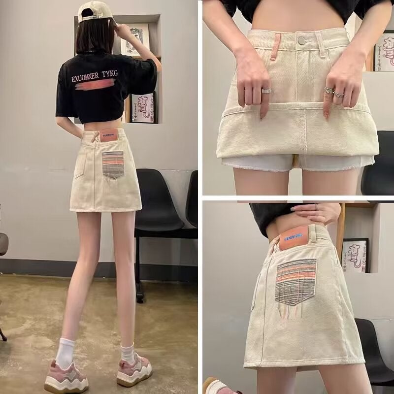 Summer 2025 Denim Short Skirt Women's Little A- line Skirt High Spice Girl Pocket Hand-stitched Distinctive Denim Skirt - Image 2