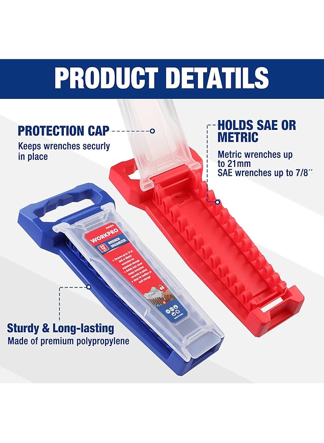 ووركبرو منظم مفاتيح ربط من قطعتين، حامل مفاتيح ربط بلاستيكي بـ 24 فتحة مع غطاء قفل، متوافق مع النظام المتري وSAE (حتى 19 مم أو 7/8 بوصة)، حامل مفاتيح ربط عالي الجودة مع مقبض حمل - Image 3