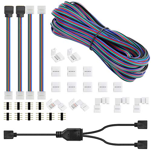 SUPERNIGHT 4 Pin 10mm LED Light Strip Connector, 5050 2835 RGB Rope Lights Connector Kit, 32.8ft/10M Extension Wire, Solderless Jumpers 90 Degree Connector, Male to Female (for 10mm PCB) - Image 1