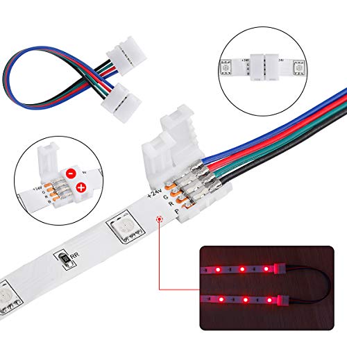 SUPERNIGHT 4 Pin 10mm LED Light Strip Connector, 5050 2835 RGB Rope Lights Connector Kit, 32.8ft/10M Extension Wire, Solderless Jumpers 90 Degree Connector, Male to Female (for 10mm PCB) - Image 2