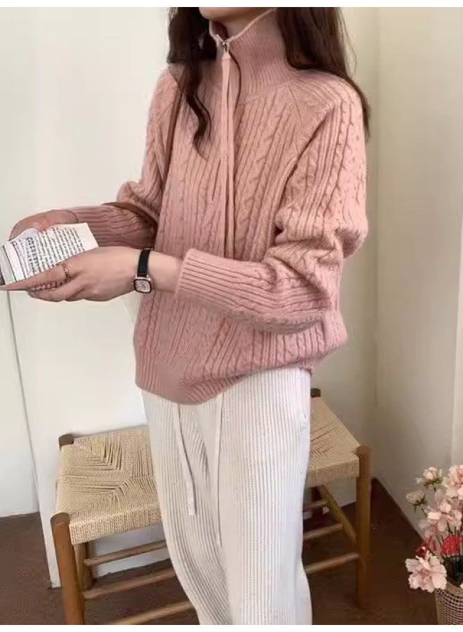 Leyuan Turn-down Collar Half-zip Cable Knit Loose Slimming Lazy Fit Sweater Women's Coat Knitted Top - Image 4