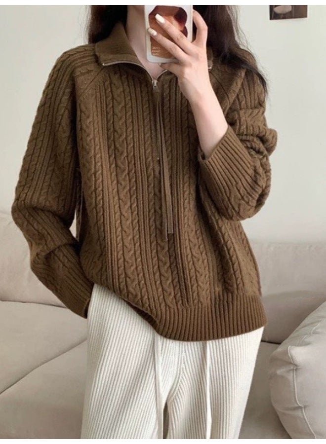 Leyuan Turn-down Collar Half-zip Cable Knit Loose Slimming Lazy Fit Sweater Women's Coat Knitted Top - Image 5