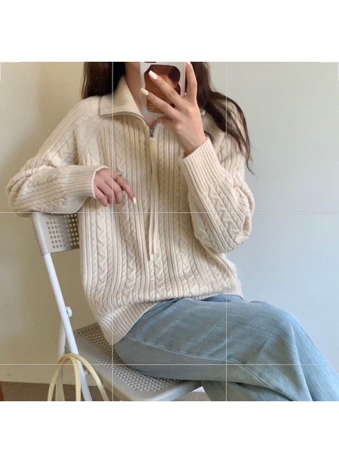Leyuan Turn-down Collar Half-zip Cable Knit Loose Slimming Lazy Fit Sweater Women's Coat Knitted Top - Image 1