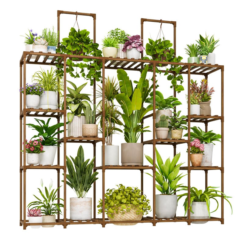 Bamworld Large Plant Shelf Plant Stand Indoor 62.2" Tall Outdoor Plant Holder Wood for Multiple Plants Hanging Plant Rack for Living Room Garden Balcony - Image 1