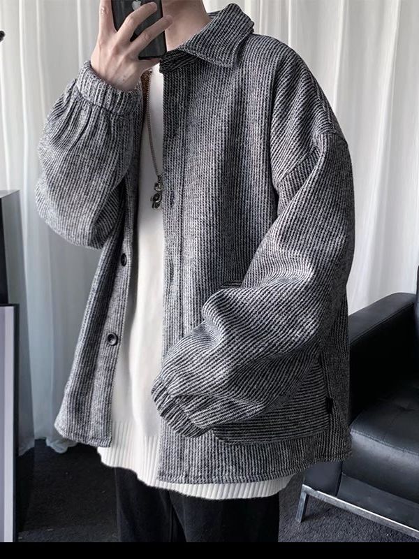 Corduroy cotton-padded coat mens winter fleece-lined thickened loose ins casual coat Hong Kong style fashion brand handsome solid color cotton-padded coat Dark gray - Image 4