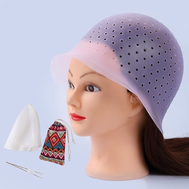 MILANGE Prepunched Highlight Cap Sets White and Purple  Open Holes Reusable Silicone Hair Dye Caps with Hook for Professional Tipping and Home Salon Use