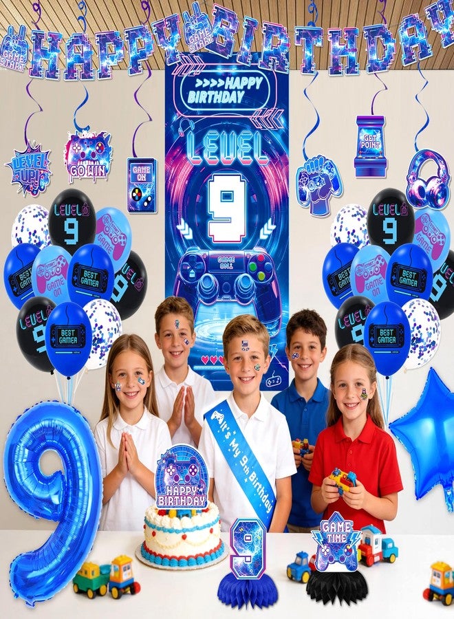 FINDRICH Video Game 9th Birthday Decorations for Boys, Level 9 Birthday Decorations Include Banner Backdrop Sash Honeycomb Centerpieces Hanging Swirls Stickers Cake Topper for Gamer Birthday Party Supplies - Image 2