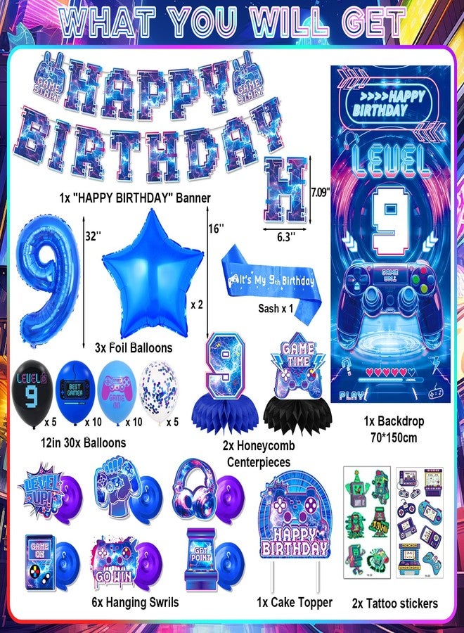 FINDRICH Video Game 9th Birthday Decorations for Boys, Level 9 Birthday Decorations Include Banner Backdrop Sash Honeycomb Centerpieces Hanging Swirls Stickers Cake Topper for Gamer Birthday Party Supplies - Image 3
