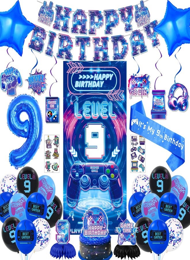 FINDRICH Video Game 9th Birthday Decorations for Boys, Level 9 Birthday Decorations Include Banner Backdrop Sash Honeycomb Centerpieces Hanging Swirls Stickers Cake Topper for Gamer Birthday Party Supplies - Image 1