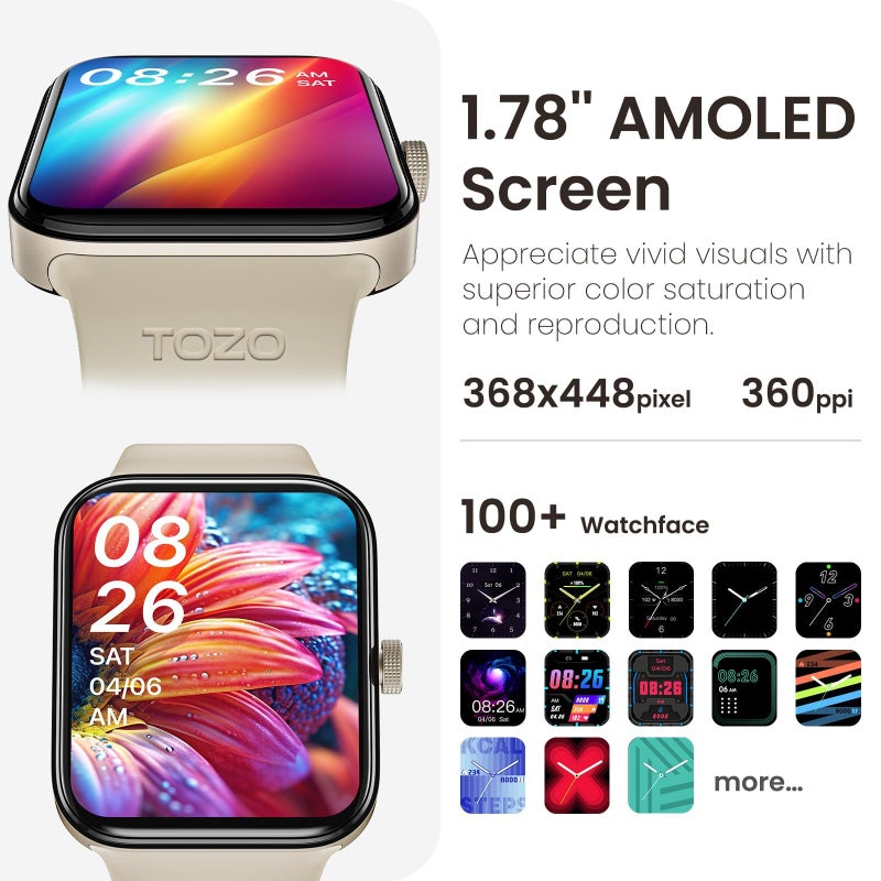 TOZO AMOLED S4 AcuFit One Smart Watch 1.78" Ultra-Clear Screen for Men Women, Call/Answer Fitness Tracker, Sleep Monitor IP68 Waterproof for iOS 11.0+ Android 9.0+ Gold - Image 2