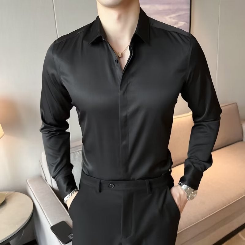 Business Gentleman Satin Mens Long Sleeve Shirt Spring and Autumn Fashion Yuppie Mens High-end Silk Slide White Shirt White - Image 2