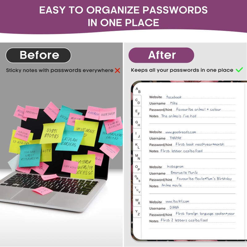 Taja Password Keeper Book with Alphabetical Tabs, Small Password Books for Seniors, Password Notebook for Internet Website Address Log in Detail, Password Logbook with Colorful Designs - Crimson Floral - Image 2