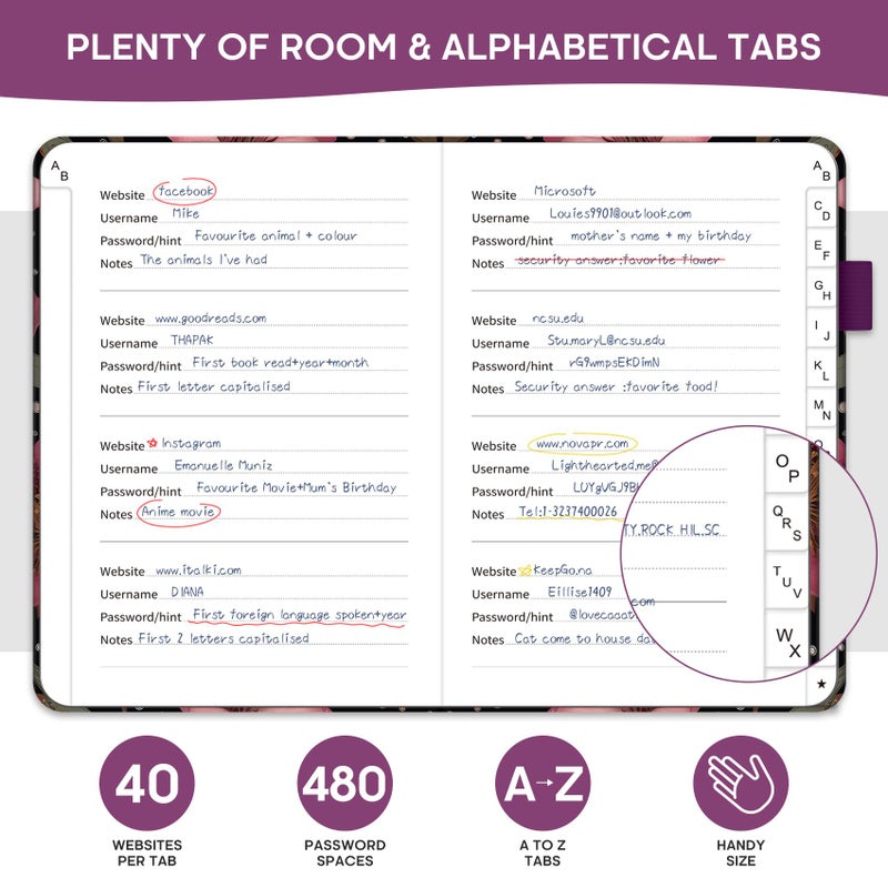 Taja Password Keeper Book with Alphabetical Tabs, Small Password Books for Seniors, Password Notebook for Internet Website Address Log in Detail, Password Logbook with Colorful Designs - Crimson Floral - Image 3