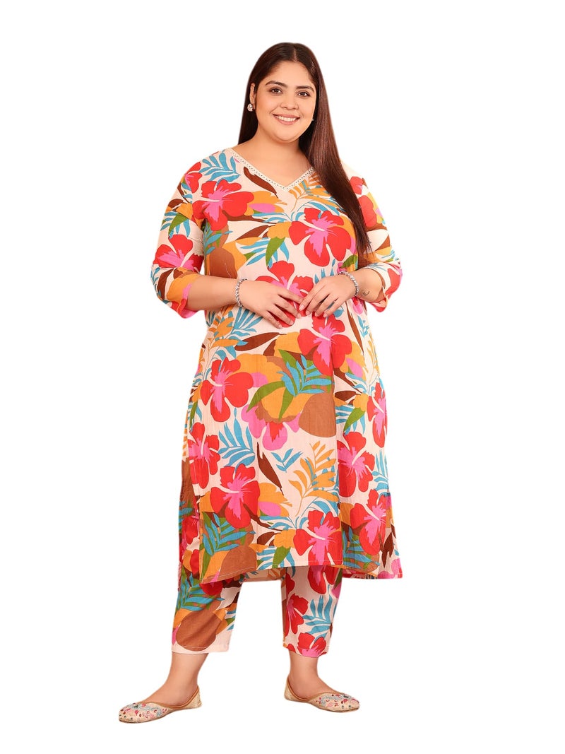 MEERA FAB Plus Size Printed Pure Cotton Straight Kurta with Palazzos Orange - Image 1