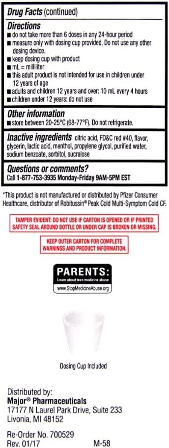Major Robafen CF MultiSymptom Peak Cold Cough Syrup Dextromethorphan 20mg  Guaifenesin 200mg  Phenylephrine 10mg  4 fl oz - Image 3