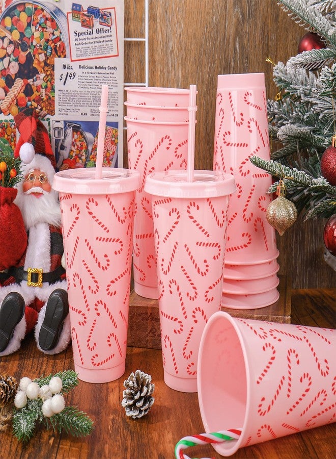 Whaline 12 Pcs Christmas Plastic Tumbler with Lids Straws Pink Candy Cane Reusable Cups 24oz Xmas Travel Mug Cups for Iced Coffee Drinks Birthday Baby Shower Party Supplies - Image 4