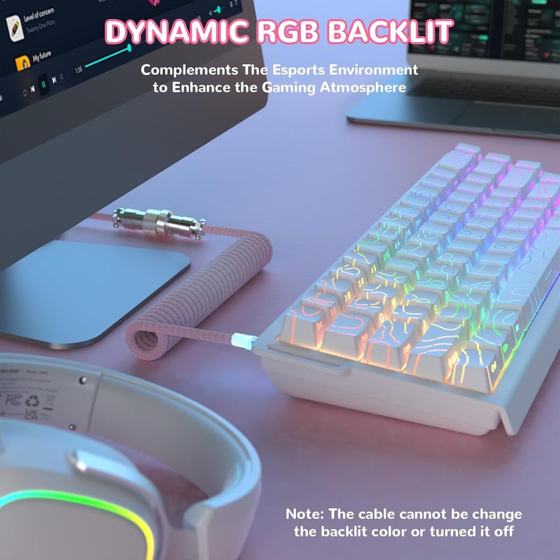 MAMBASNAKE كابل USB-C ملفوف من للوحة المفاتيح المخصصة للألعاب مع إضاءة RGB، مضفر من النايلون مع موصل طيار رباعي الأطراف قابل للفصل، من نوع HyperSpeed Type C بمعدل إرجاع 8 كيلوهرتز، طول 4.92 قدم (C01 ULTIMATE/أبيض-وردي) - Image 2