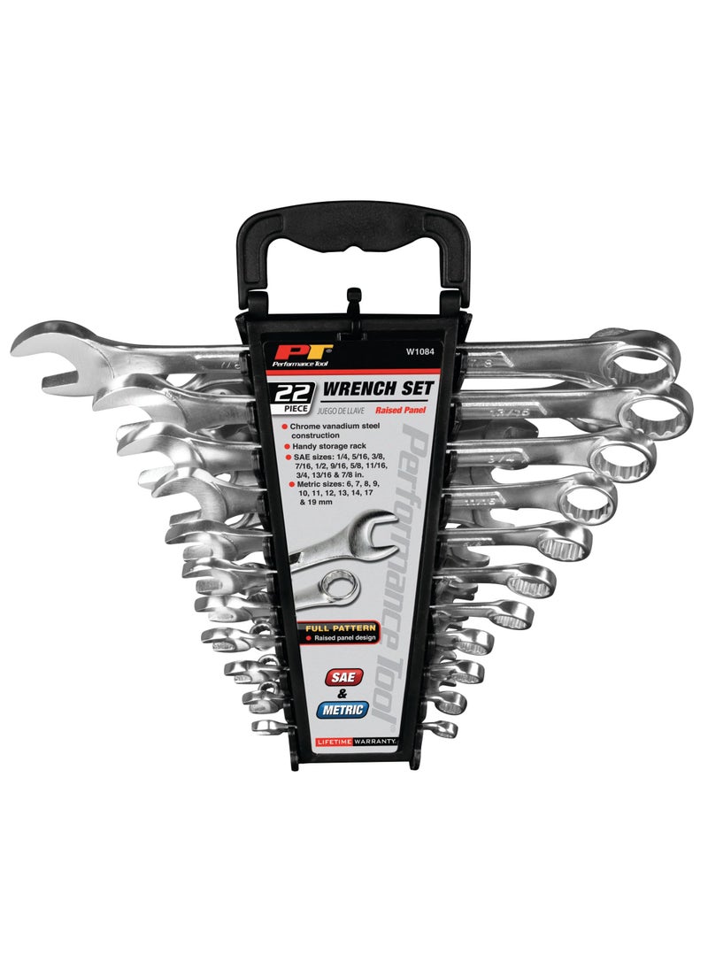 Performance Tool W1084 22pc Combination Wrenches Set (Metric and Standard Sizes) With Organizer Rack