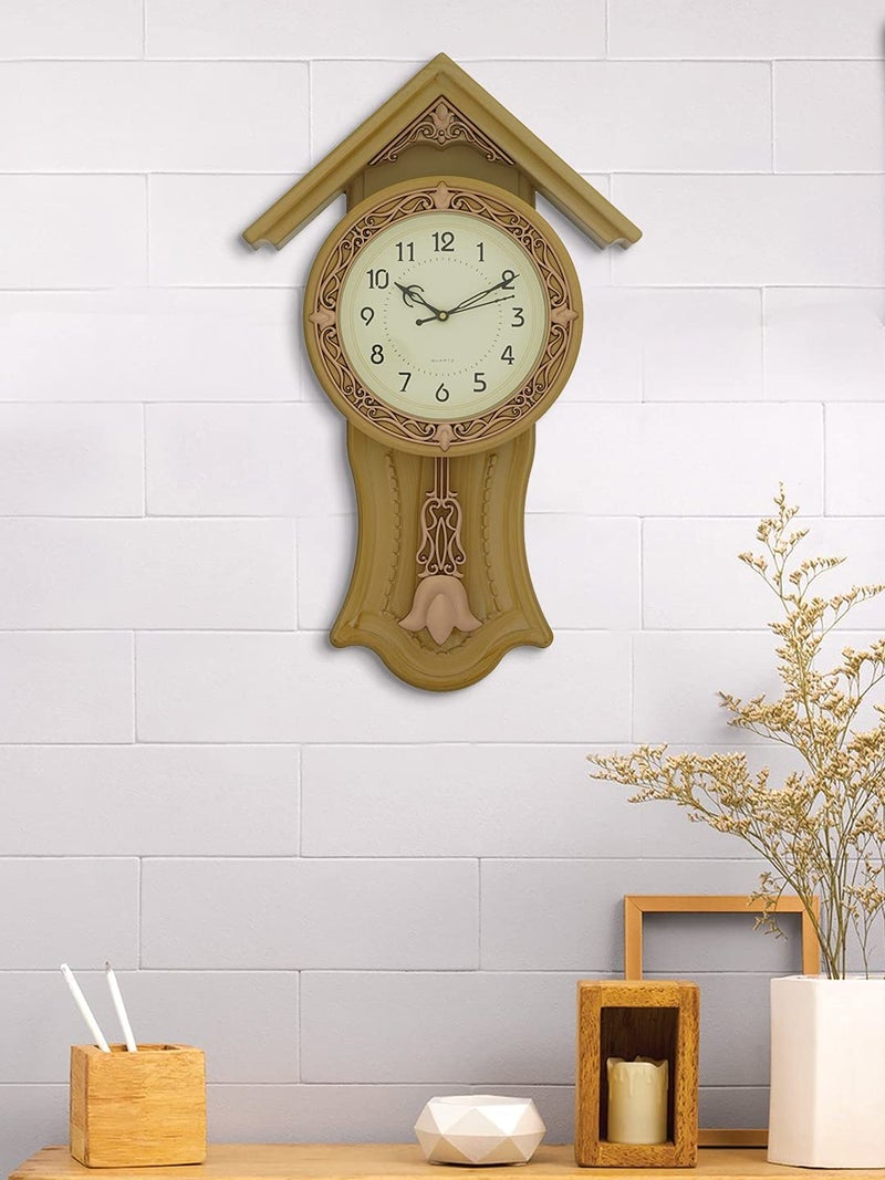 CHRONIKLE Decorative Plastic Case Hut Style Analog English Numbers Pendulum Wall Clock for Living Room Home Decoration Gifts (Size: 32.5 x 7 x 53 CM | Weight: 810 Gram | Color: Almond) - Image 2