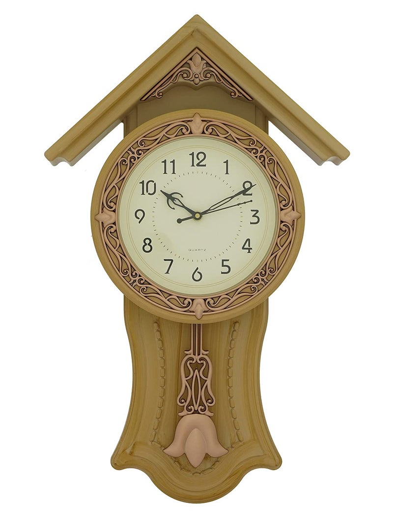 CHRONIKLE Decorative Plastic Case Hut Style Analog English Numbers Pendulum Wall Clock for Living Room Home Decoration Gifts (Size: 32.5 x 7 x 53 CM | Weight: 810 Gram | Color: Almond) - Image 1