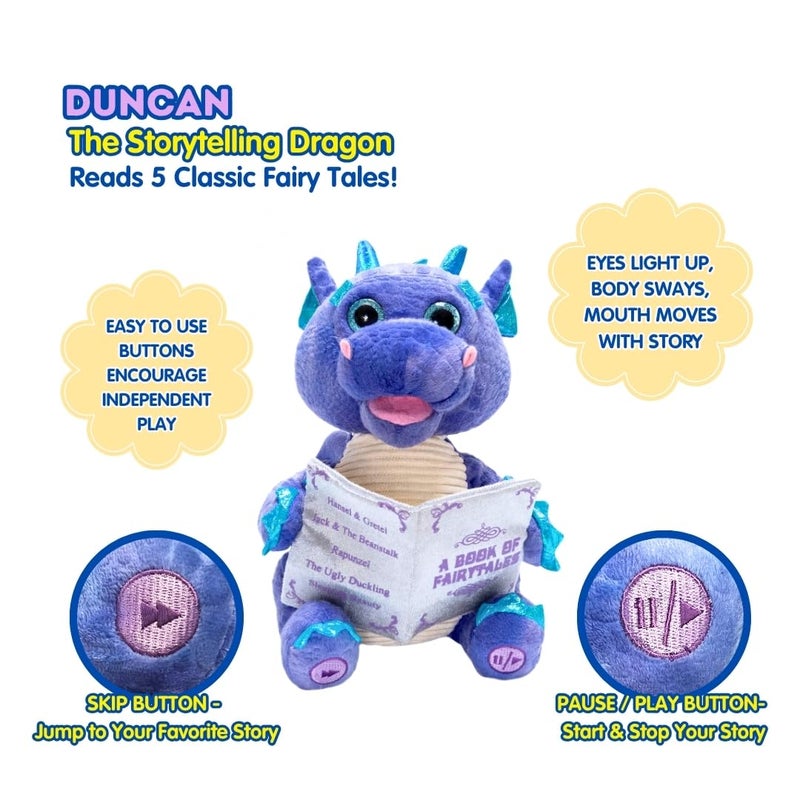 Cuddle Barn | Duncan The Storytelling Dragon with Light Up Eyes |Animated Stuffed Animal Plush Toy | Mouth Moves, Head Sways and Eyes Light Up | Recites 5 Fairy-Tales - 11" - Image 5