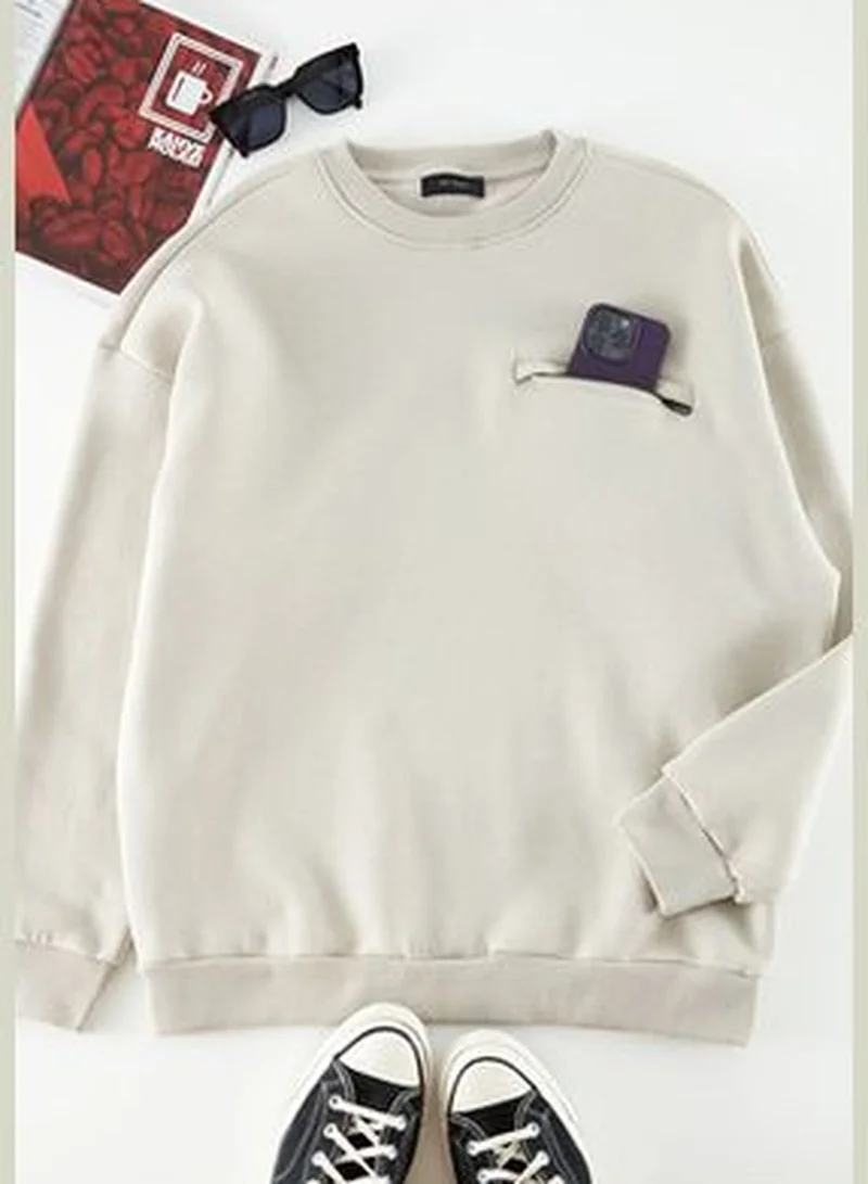 trendyol Limited Edition Stone Men's Oversize Crew Neck Zipper Pocket Fleece Sweatshirt