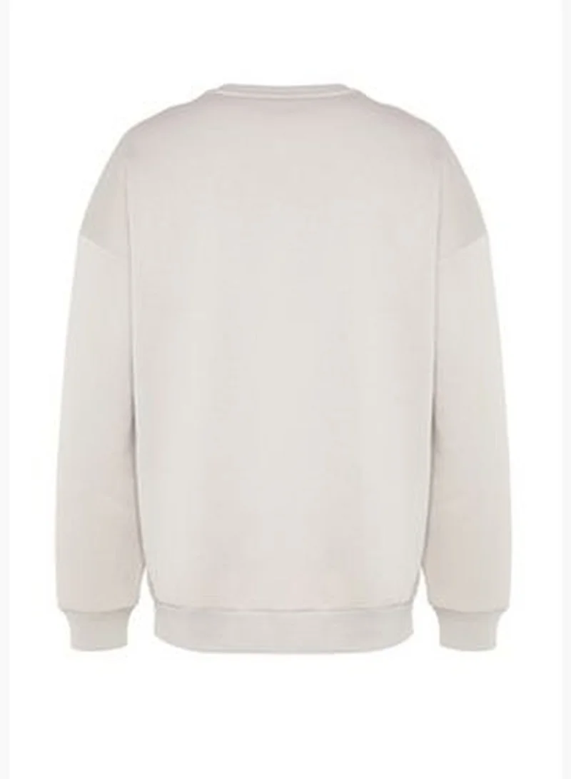 trendyol Limited Edition Stone Men's Oversize Crew Neck Zipper Pocket Fleece Sweatshirt