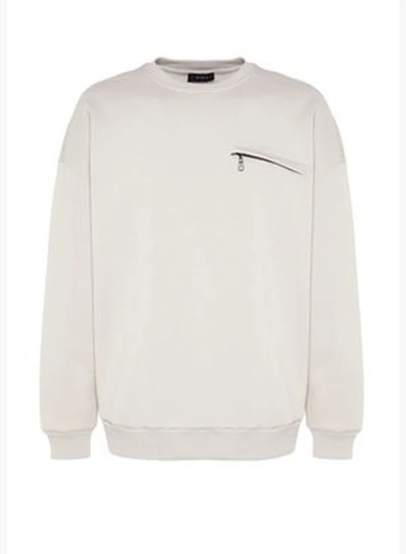 trendyol Limited Edition Stone Men's Oversize Crew Neck Zipper Pocket Fleece Sweatshirt