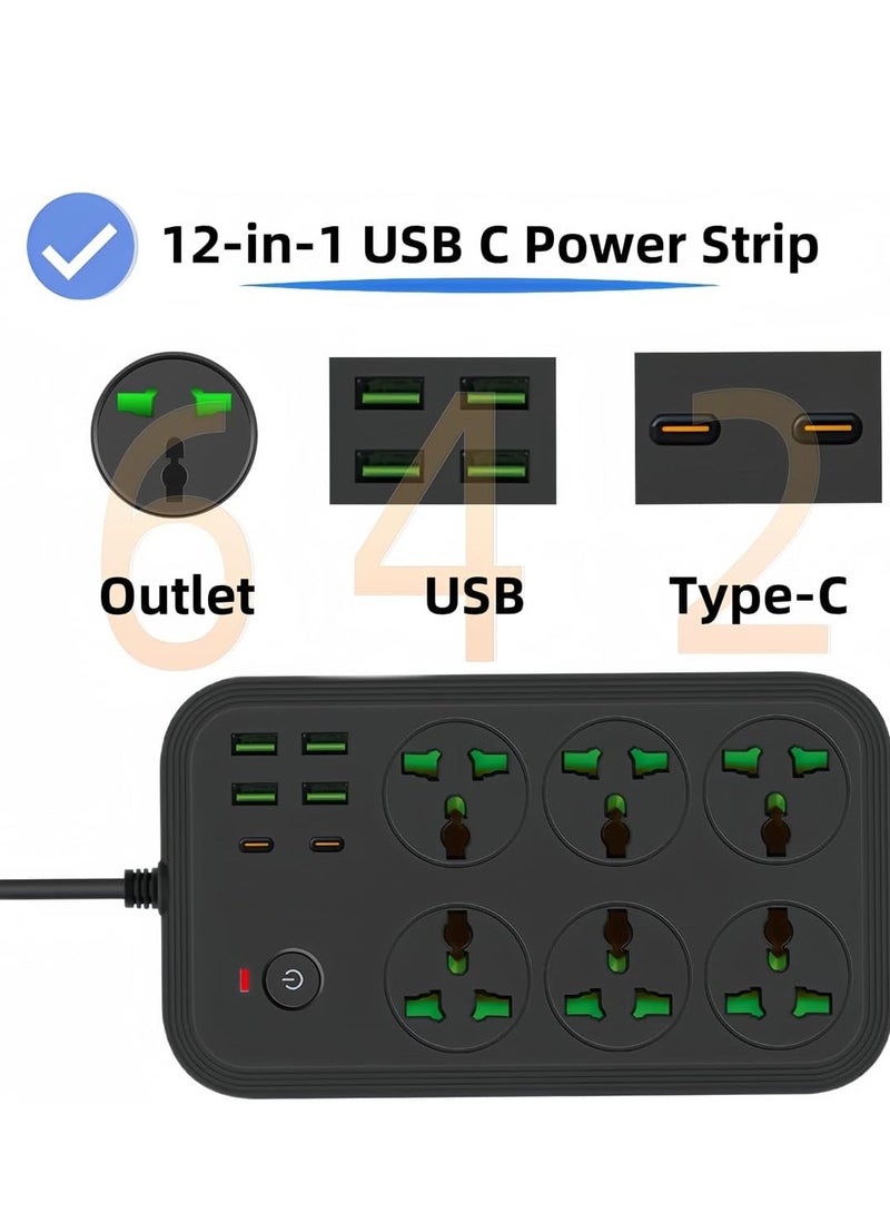 JAJEEK "12-in-1 Power Strip with USB-C, Universal Extension Cord with 6 Wide AC Outlets & 4 USB Ports, 110-240V, Max 3000W, Wall Mount International Plug Extender for Overseas Travel, Home & Office Use"  - Image 3