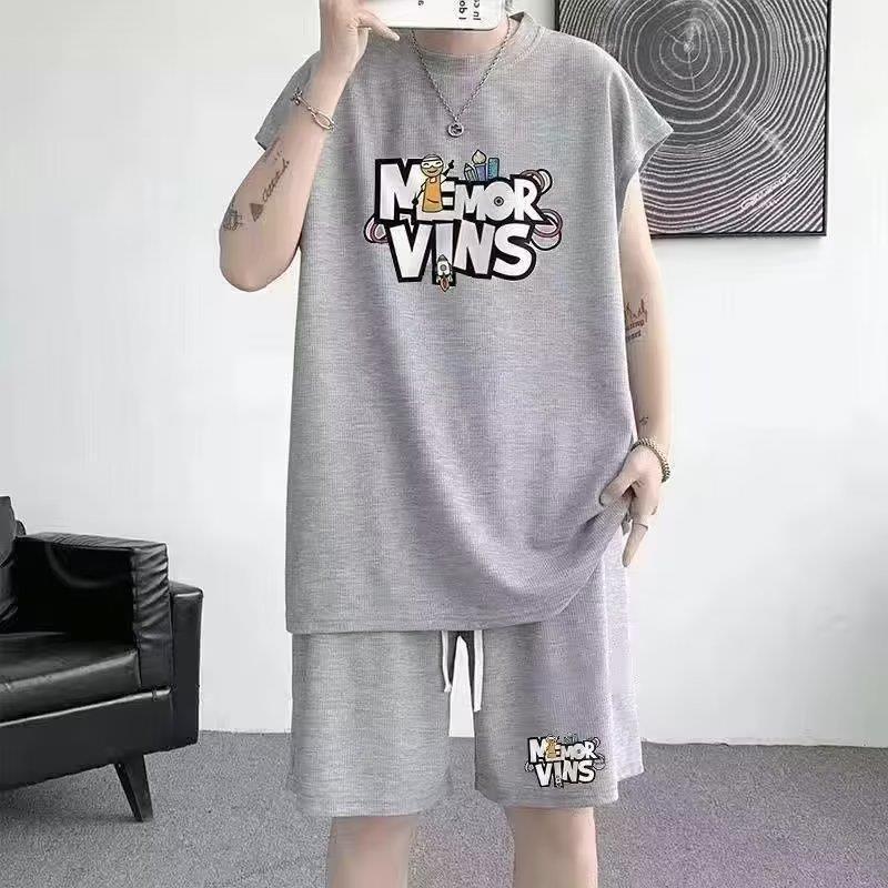 Mens Summer Waffle Casual Plus-Size Tank Shorts Set White - Image 2