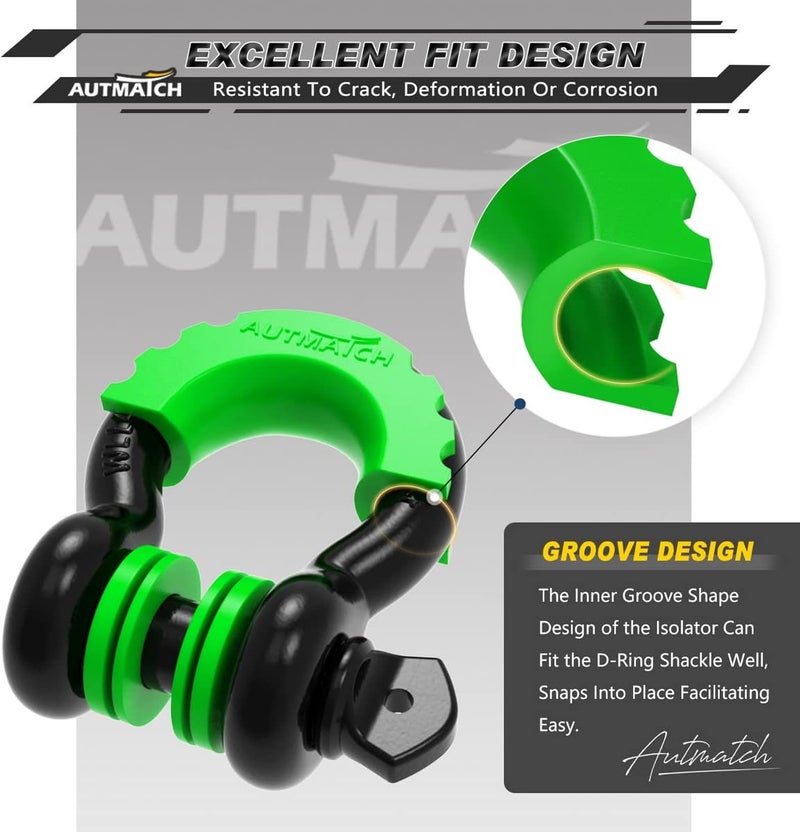 AUTMATCH D Ring Shackle Isolators Washers Kit - 2 Rubber Shackle Isolators with 8 Washers, Fits 3/4 Shackles Protect and Prevents Rattling, Shackle Cover Green - Image 4
