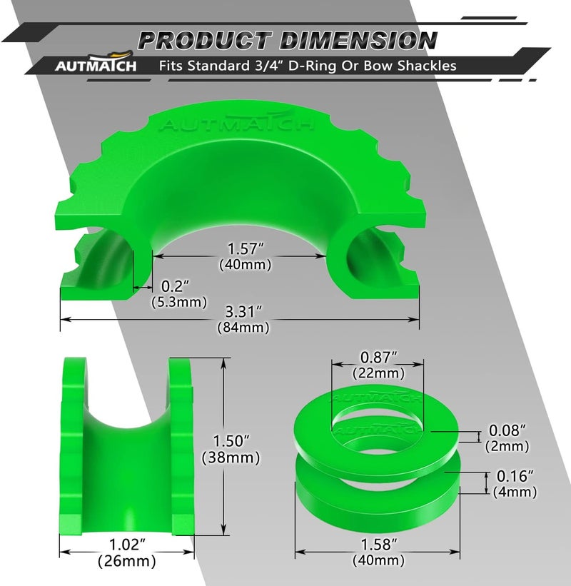 AUTMATCH D Ring Shackle Isolators Washers Kit - 2 Rubber Shackle Isolators with 8 Washers, Fits 3/4 Shackles Protect and Prevents Rattling, Shackle Cover Green - Image 3