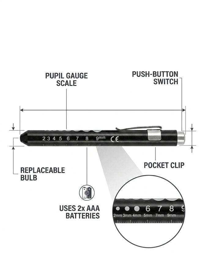 Home Care Diagnostic Penlight for Nurses & Doctors – Pupil Gauge Scale, Pocket Clip, Includes 2 AAA Batteries, Medical Exam Pen Light - Image 2