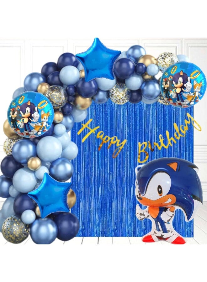 Sonic Birthday Decoration Set – 75 Pcs Happy Birthday Balloons, Banner, Blue Balloon Garland, Sonic Theme Party Supplies for Kids Birthday Decoration - Image 1