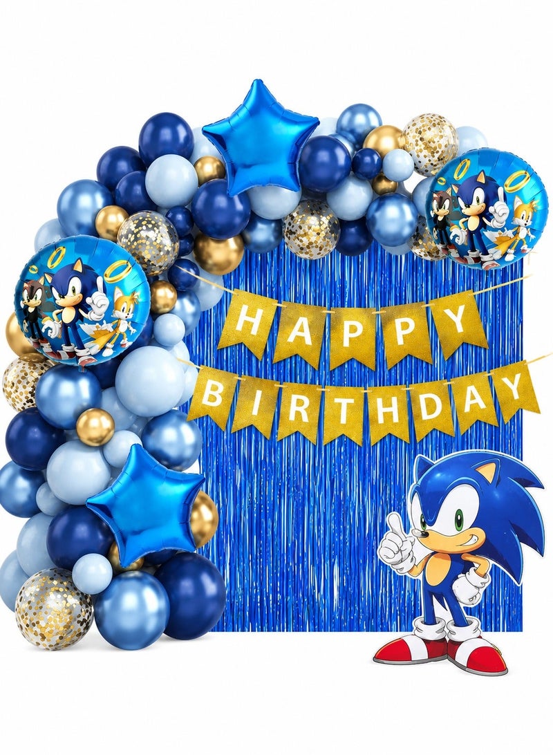 Sonic Birthday Decoration Set – 75 Pcs Happy Birthday Balloons, Banner, Blue Balloon Garland, Sonic Theme Party Supplies for Kids Birthday Decoration - Image 1