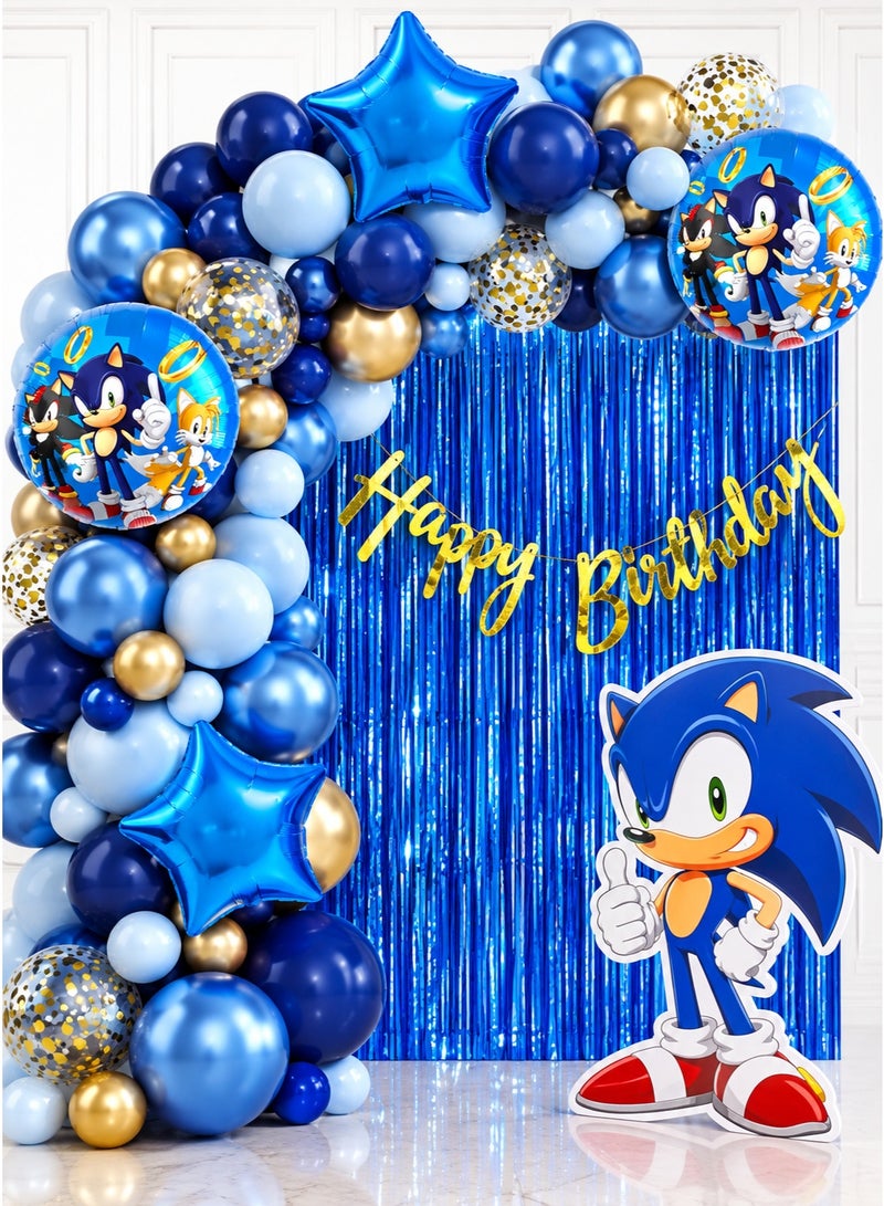 Sonic Birthday Decoration Set – 75 Pcs Happy Birthday Balloons, Banner, Blue Balloon Garland, Sonic Theme Party Supplies for Kids Birthday Decoration - Image 1