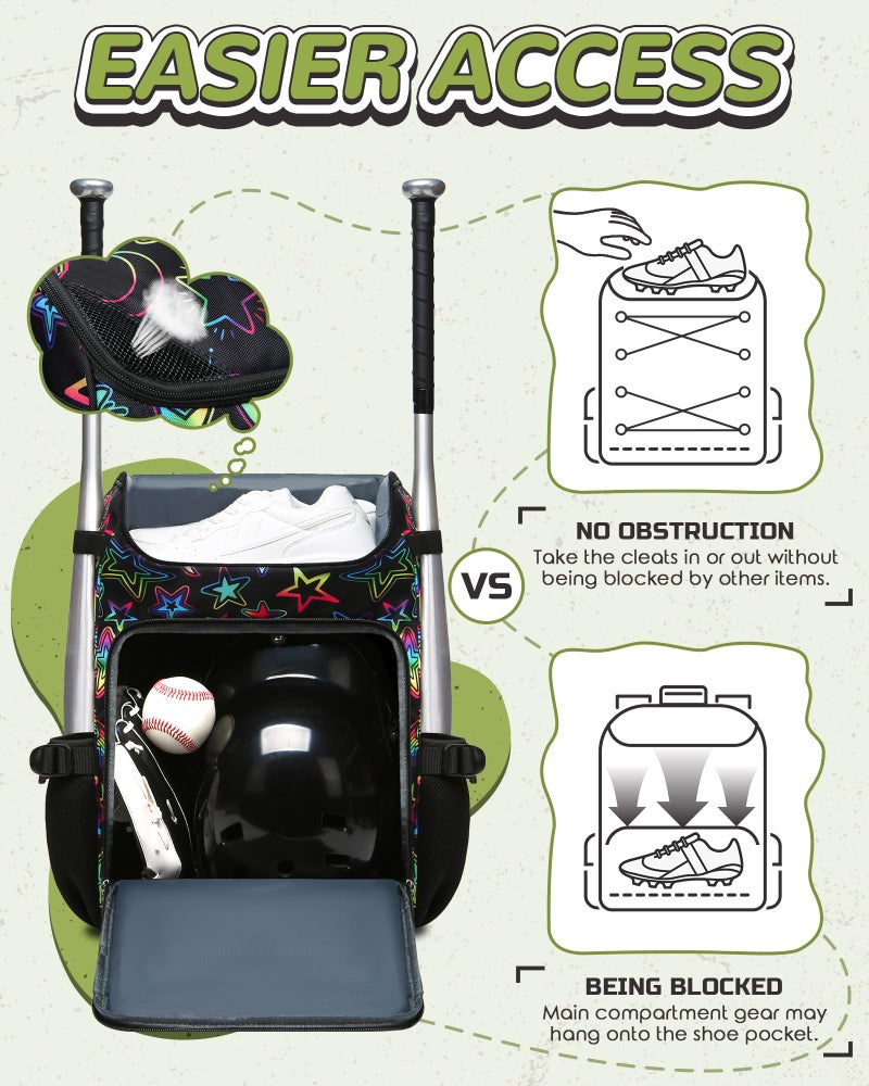 FOKDUVB Baseball Softball Gear Bag Backpack for Boys Girls Ages 8-12 12-14 Large Kids Youth Bat Bag with Ventilated Shoe Compartment Baseball Softball Players Stuff Supplies (Black/Green, Star) - Image 3