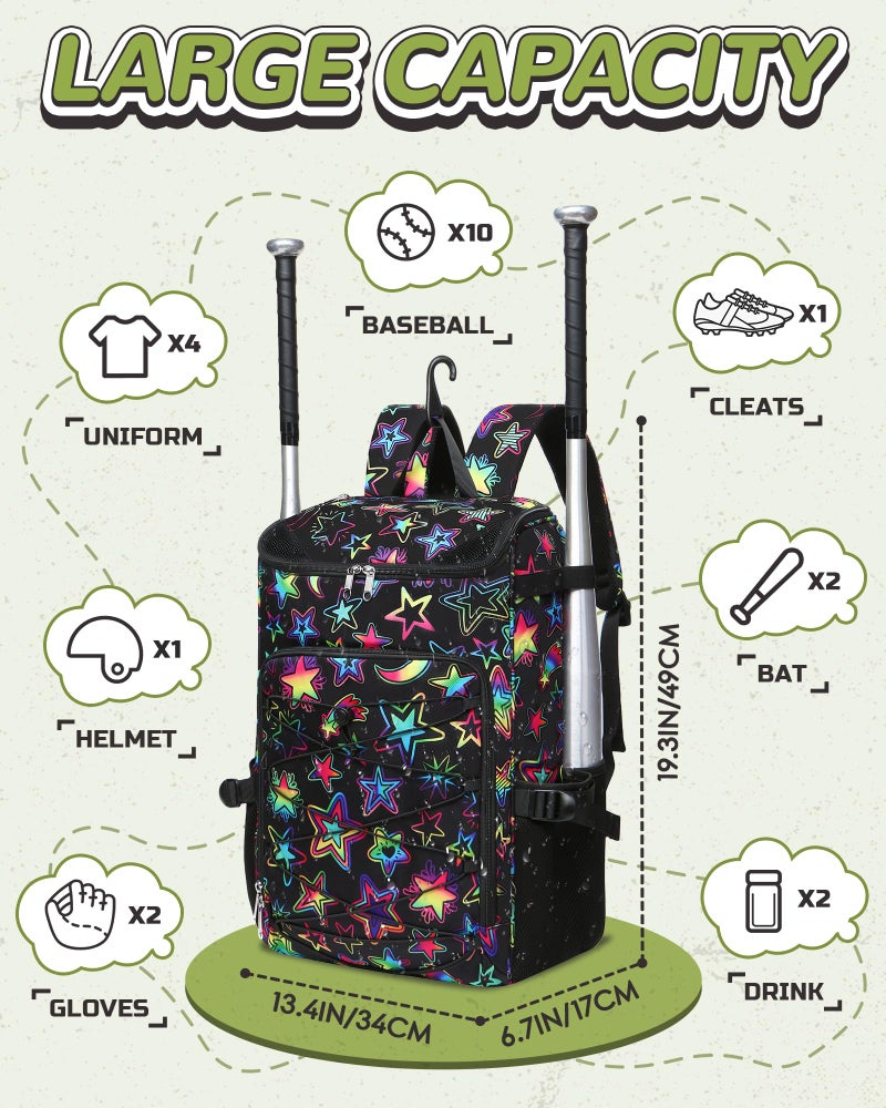 FOKDUVB Baseball Softball Gear Bag Backpack for Boys Girls Ages 8-12 12-14 Large Kids Youth Bat Bag with Ventilated Shoe Compartment Baseball Softball Players Stuff Supplies (Black/Green, Star) - Image 2