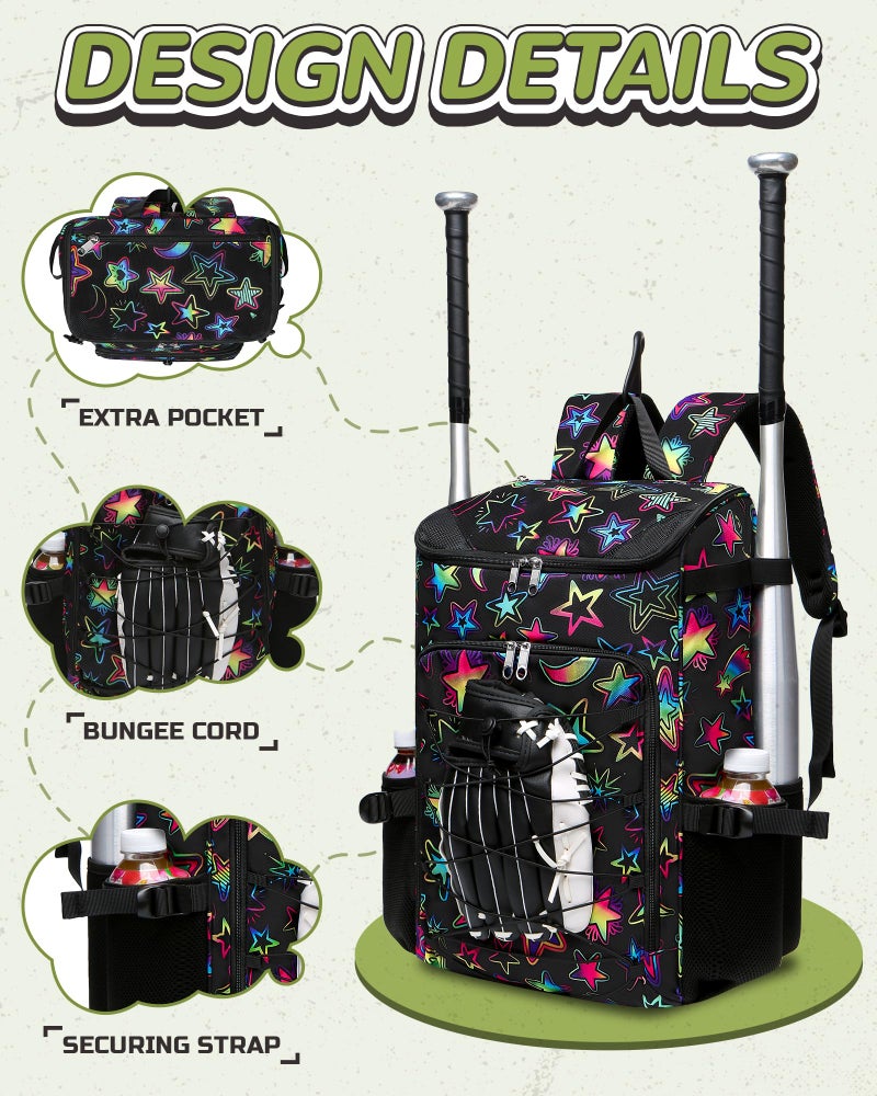 FOKDUVB Baseball Softball Gear Bag Backpack for Boys Girls Ages 8-12 12-14 Large Kids Youth Bat Bag with Ventilated Shoe Compartment Baseball Softball Players Stuff Supplies (Black/Green, Star) - Image 4