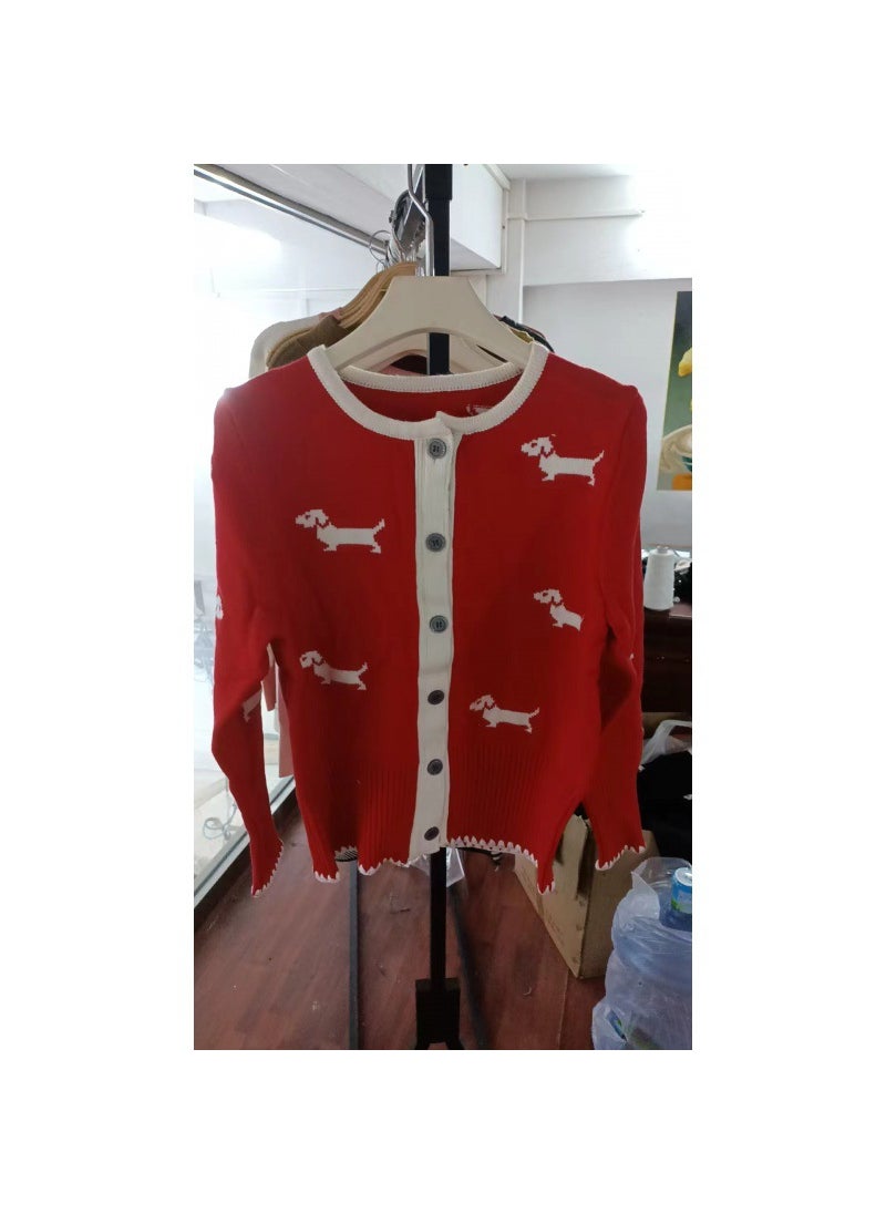 Generic - Preppy Style Spring Autumn New Animal Dog Pattern Knitted Cardigan Long Sleeve Hollow Color Blocking Womens Jacket Red - Image 1