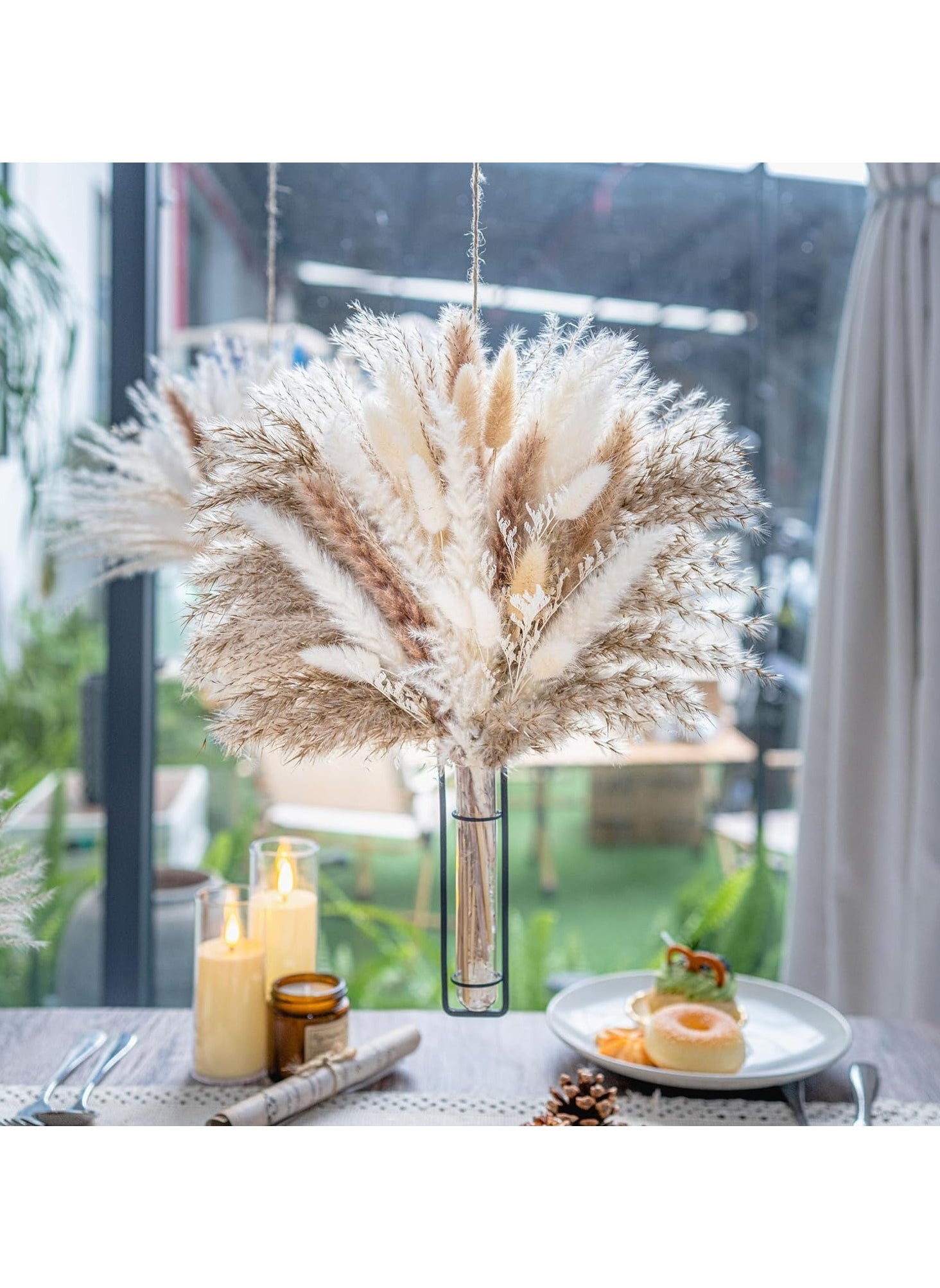 MERICKA Mericka Pampas Grass with vase, Pampas flower bouquet with hanging glass vase, Boho Dried Floral Arrangement Centerpiece Table Decor Wedding Rustic Decor 