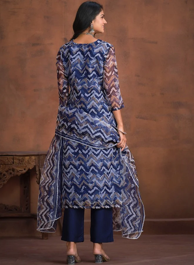 آي شين Women's Navy Blue And White 100% Cotton Embroidered Straight Fit Kurta Set