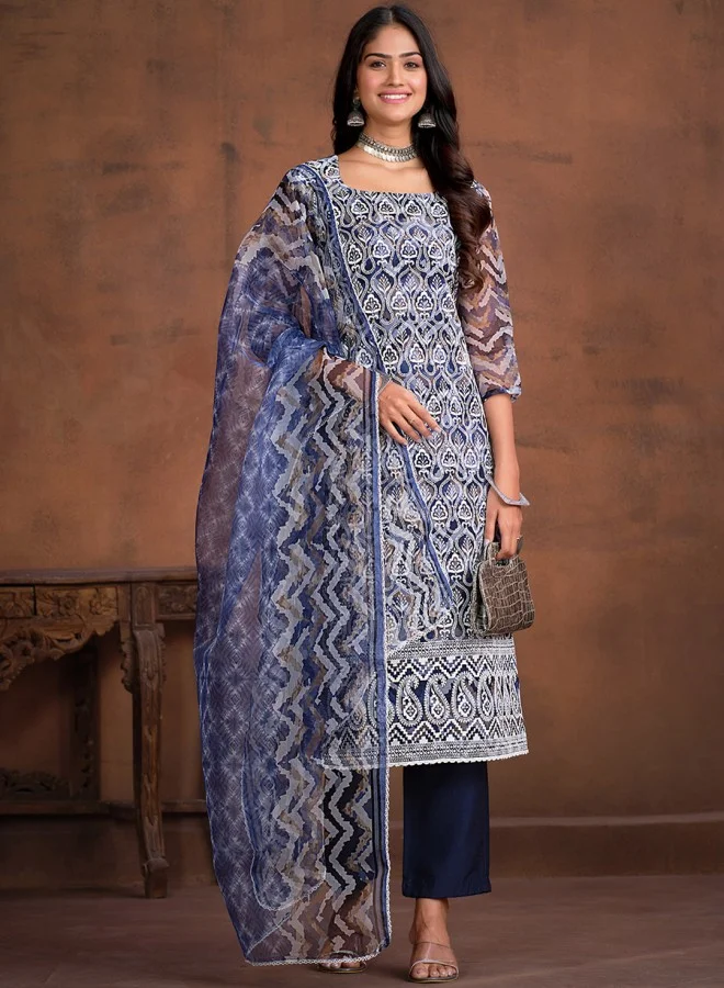 آي شين Women's Navy Blue And White 100% Cotton Embroidered Straight Fit Kurta Set