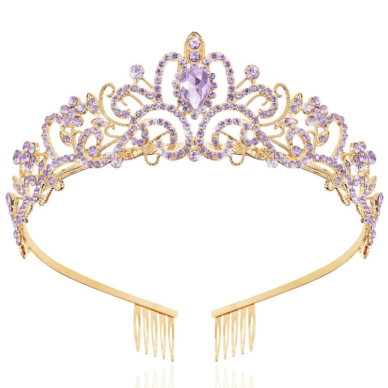 TAROSE Gold and Purple Crowns for Women, Queen Crystal Tiaras with Purple Rhinestone and Combs, Goddess Crown for Wedding Bride Birthday Princess Bridal Shower Hair Accessories for Women - Image 1