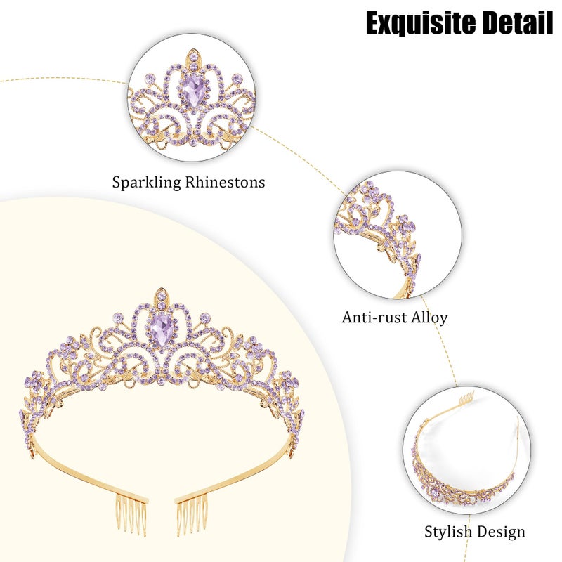 TAROSE Gold and Purple Crowns for Women, Queen Crystal Tiaras with Purple Rhinestone and Combs, Goddess Crown for Wedding Bride Birthday Princess Bridal Shower Hair Accessories for Women - Image 4