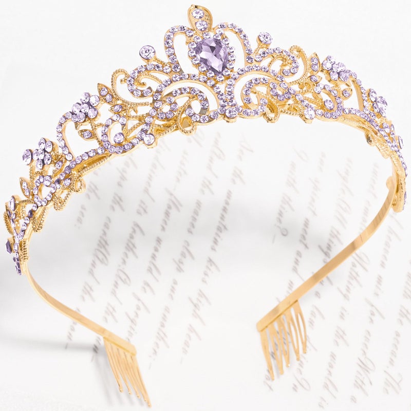 TAROSE Gold and Purple Crowns for Women, Queen Crystal Tiaras with Purple Rhinestone and Combs, Goddess Crown for Wedding Bride Birthday Princess Bridal Shower Hair Accessories for Women - Image 3