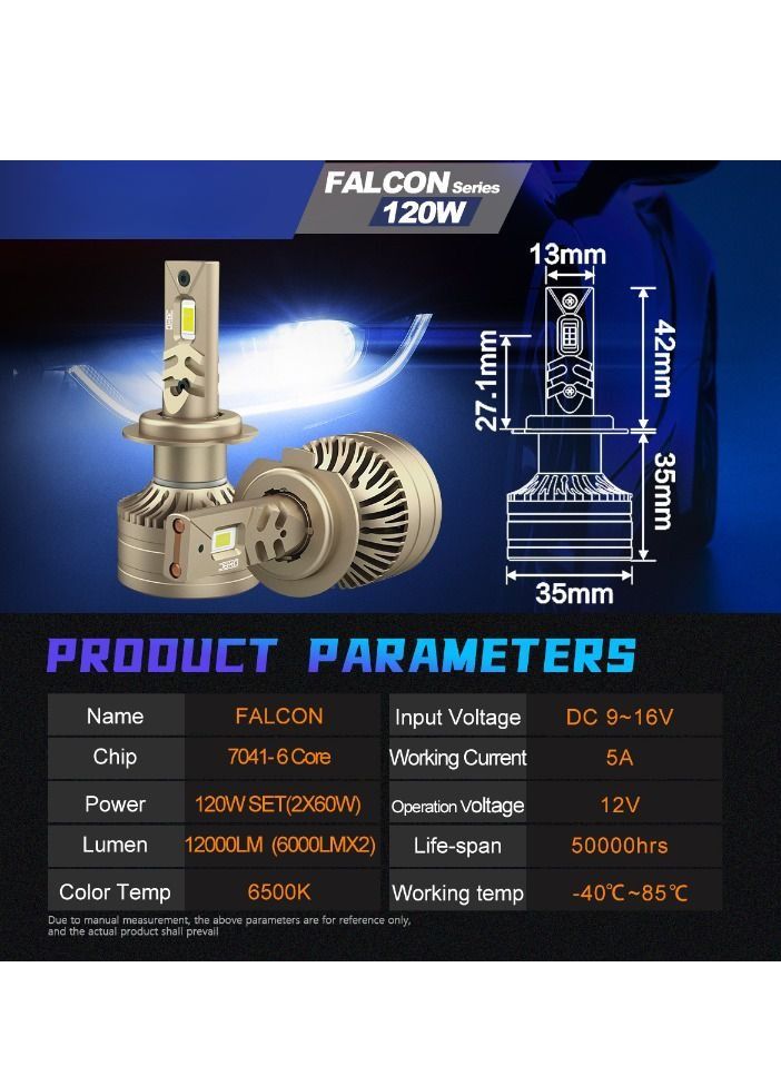 DXB-C Falcon 9004/HB1 LED Car Headlight Bulbs, 120W 12000LM 300% Extremely Bright Light, 6500K Cool White LED Bulb for Low Beam and High Beam Headlights, Plug and Play, IP68 – Pack of 2 - Image 3